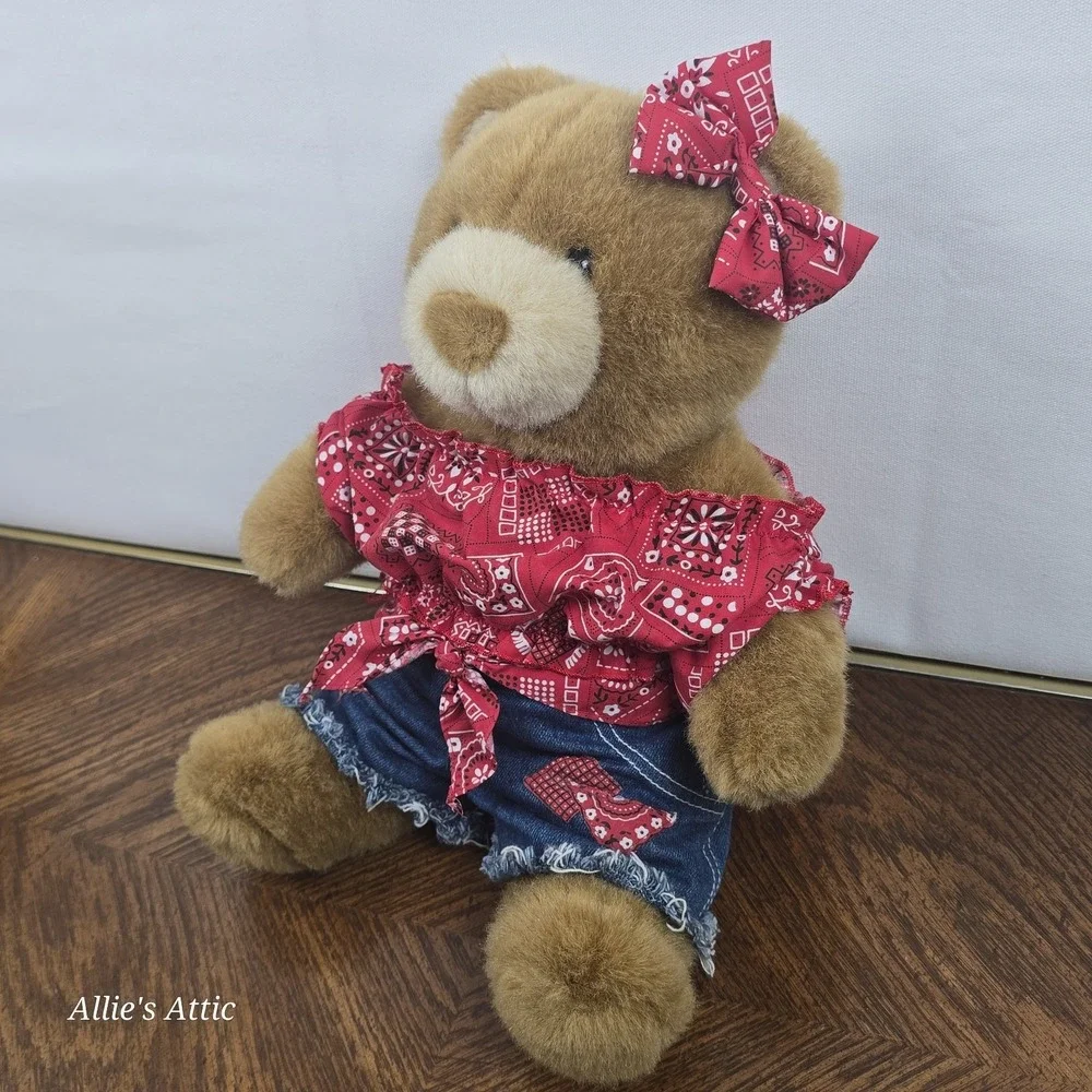 Build A Bear Girl Teddy Vintage Classic Brown Denim Western‎ Outfit Farmer Train